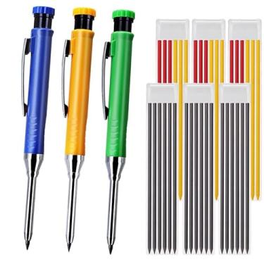 Imagem de JOMPENS Kit profissional de marcação com 3 canetas – 36 pontas + apontadores integrados – ponta profunda, design de nariz longo – ideal para carpinteiros, marceneiros, uso industrial (azul verde