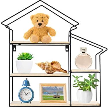 Imagem de Greenco Prateleira, geométrico natural em formato de casa com 3 camadas flutuantes, decoração doméstica, fio de metal e prateleiras de armazenamento de parede de madeira rústica para quarto, sala de estar, banheiro, cozinha e escritório
