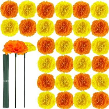 Imagem de Acronde 50 peças de flores de calêndula de seda artificial com hastes para Diwali Dia dos Mortos Indiano Decoração de casa DIY Guirlanda de grinalda (50, amarelo e laranja)