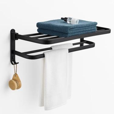 Imagem de Porta Toalha Toalheiro para Banheiro com Prateleira e Ganchos Suporte Duplo que Não Enferruja Organizador de Parede em Alumínio Preto Fosco