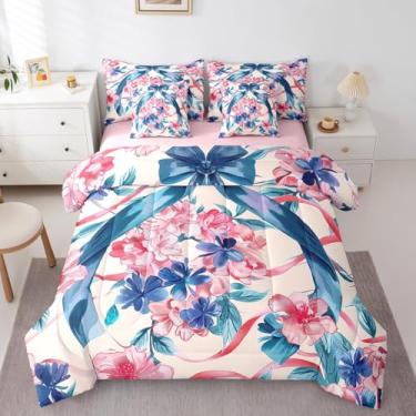 Imagem de Erosebridal Conjunto de edredom de flores com fita tamanho solteiro, 7 peças, para crianças, meninas, meninos, flores, laço, floral, sonhador, branco, rosa, azul, leve em uma bolsa