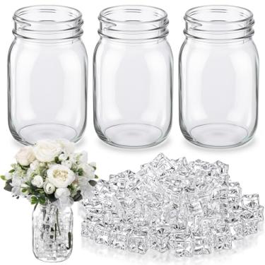 Imagem de Mimorou Conjunto de 3 potes de vidro decorativos para mesa de centro de casamento de 473 ml com cubos de acrílico de gelo falso para decoração de casa DIY para decoração de casa