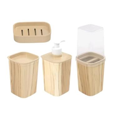 Imagem de Kit Banheiro Classic Porta Escova De Dente Porta Sabonete Liquido Porta Cotonete E Saboneteira Lavabo (Amadeirado)
