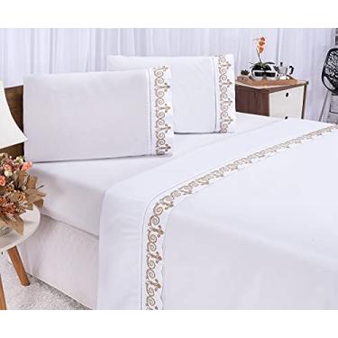 Imagem de Jogo de Lençol Bordado para Cama Casal Queen Percal 400 Fios Toque de Algodão 4 peças (ATENAS BRANCO COM CAKI)