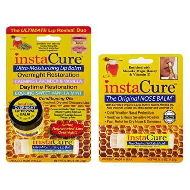 Imagem de InstaCure Bálsamo nasal original, alívio rápido para narizes rachados, secos e doloridos, dupla de reparo labial ultra-hidratante, máscara noturna calmante de lavanda e baunilha, protetor labial
