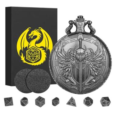 Imagem de Mini DND Dice Set with Steampunk Paladin Pocket Watch Shell Case, DND Starter Set, 7pcs Polyhedral Mini Metal Dice Set, D&D Gifts with Gift Box, Role Playing Board Game Accessories, Silver
