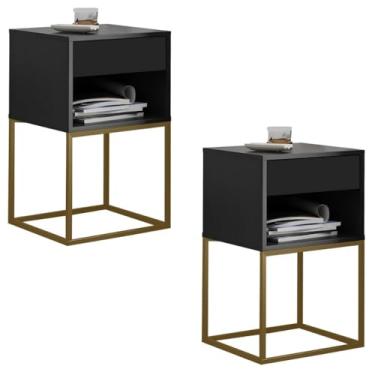 Imagem de Kit 2 Un Mesa de Cabeceira Sofia Estilo Industrial Base Aço 1 Gaveta E 1 Nicho(Preto/Pé Dourado)