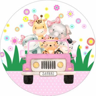 Imagem de Painel de Lona Redondo Safari Aquarela Meninas Passeio com Flores - Fa