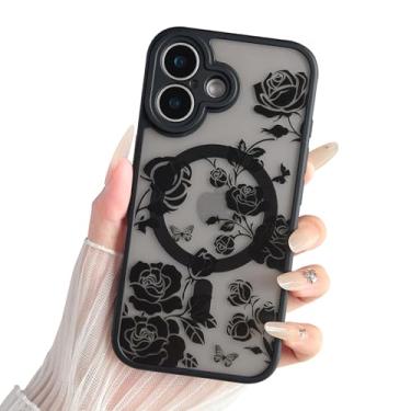 Imagem de Yeddabox Capa compatível com 17 com MagSafe, capa preta rosa flor 17 para mulheres e meninas, capa fina à prova de choque macia TPU bumper rígida PC capa de telefone traseira - flor preta