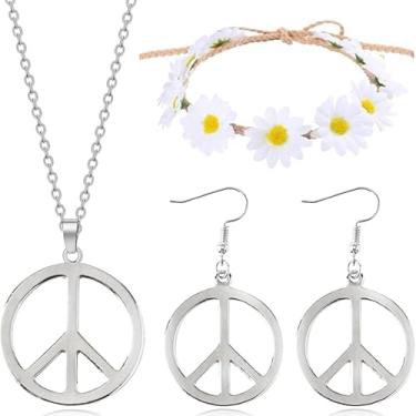 Imagem de Frodete Conjunto de colar de sinal de paz, brincos e faixa de cabeça de girassol para mulheres dos anos 60 e 70, roupas hip hop, joias hippie, acessórios de fantasia de Halloween, Metal, Sem Pedra