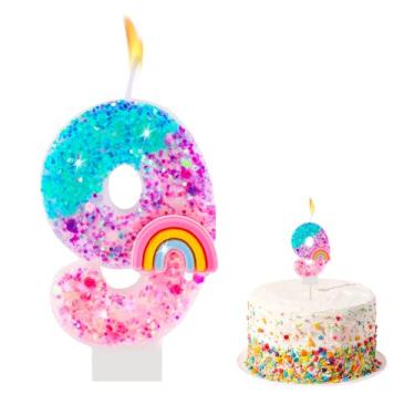Imagem de Número de velas de aniversário arco-íris para bolos, números de lantejoulas, 9 velas, enfeite de bolo, decorações de cupcake, suprimentos de festa com tema de arco-íris colorido, presentes de