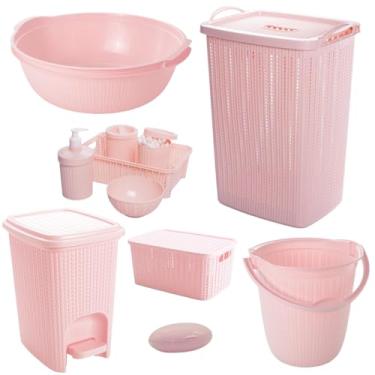 Imagem de Kit 7 Peças Cesto de roupas Bebê Trama Plasútil Bacia Balde Lixeira Kit Higiene Infantil (Rosa)