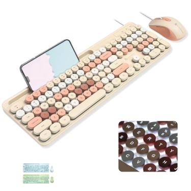 Imagem de Combo de teclado e mouse com fio retrô X9 – teclado de máquina de escrever com teclas redondas, 109 teclas silenciosas, teclado fofo de tamanho completo com base para telefone/tablet, teclado colorido
