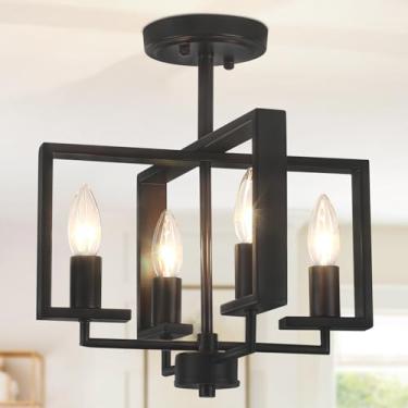 Imagem de TOULMJ Luminária de teto semi-embutida de 4 luzes, luminária industrial moderna, lâmpada de teto geométrica preta para ilha de cozinha, corredor, entrada, lavanderia, quarto