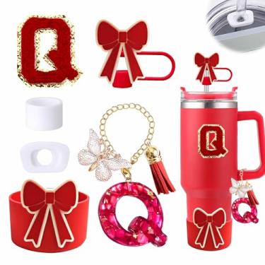 Imagem de Conjunto de 6 peças de acessórios para copo vermelho Stanley Cup 850 g 1,134 g copo com alça, incluindo tampa de cobertura de palha de silicone e bota de laço, tampa à prova de derramamento, pingente