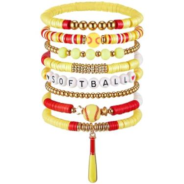 Imagem de Huquary Pacote com 8 pulseiras de dia de jogo para mulheres, futebol, beisebol, vôlei, basquete, empilhável, pulseira de argila Heishi, acessórios para fãs de esportes, joias para fãs de jogos