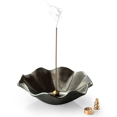 Imagem de KOKUNKA Suporte de incenso de 15 cm com 3 soquetes de incenso de cobre, suporte de incenso de lótus para palitos modernos para meditação, ioga, spa, decoração de casa, preto