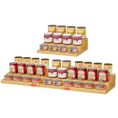 Imagem de Prateleira expansível extralonga de bambu para despensa – Organizador de latas de despensa ajustável de 3 níveis, grande capacidade para até 45 latas, prateleira de despensa e armazenamento de bancada