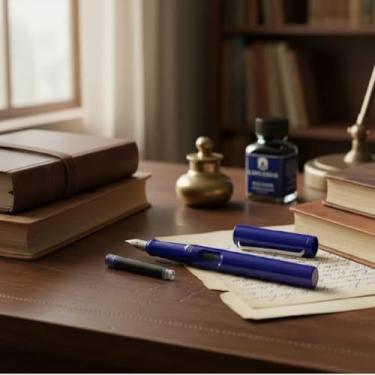 Imagem de Caneta tinteiro modelo safari ponta fina com cartucho de tinta azul, compatível com lamy (Azul)