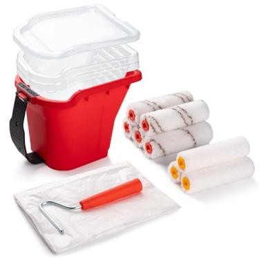 Imagem de Mister Rui Kit de rolo de pintura de 10 cm, pacote com 14, capas de rolo de microfibra de 10 cm, balde de tinta, forros de panela de tinta com tampa, folhas de plástico, pequenos rolos de tinta para