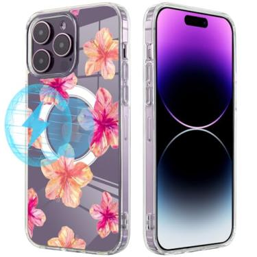 Imagem de Roemary Capa de flor de hibisco para iPhone 15 Pro com design MagSafe, capa de telefone de TPU transparente transparente com carregamento magnético sem fio para iPhone 15 Pro 6,1 polegadas (Hibisco