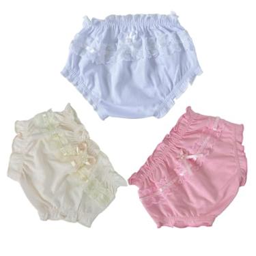Imagem de Calcinha Tapa Fraldas Bebê Algodão Com Renda Kit Com 3 Peças Coloridas Vários Tamanhos (Branco, Rosa e Creme, P)