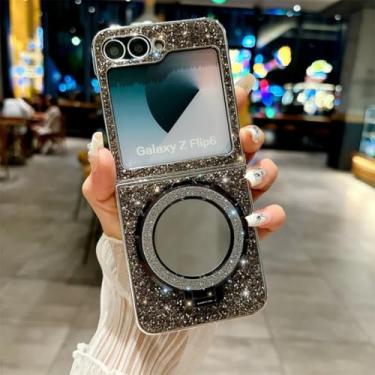 Imagem de Capa protetora de couro com suporte espelhado galvanizado para Galaxy Z Flip5 (para Galaxy Z Flip5/preto)