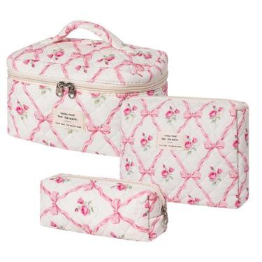 Imagem de Bolsa de maquiagem uekeboag, algodão acolchoado, coquete floral, 3 peç