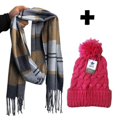 Imagem de Kit Inverno Frio Cachecol Xadrez Blogueira Touca Pompom