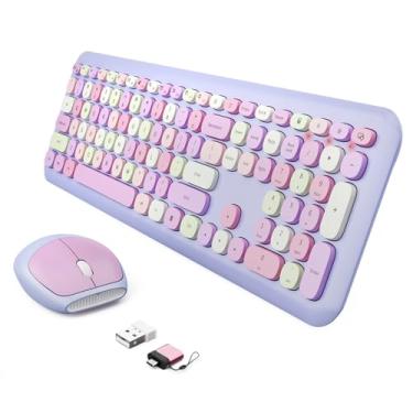 Imagem de Combo de teclado e mouse sem fio, colorido, ergonômico, retrô, de baixo ruído, com teclas fofas, compatível com Windows, PC, Perfer para teclados domésticos e de escritório (roxo)
