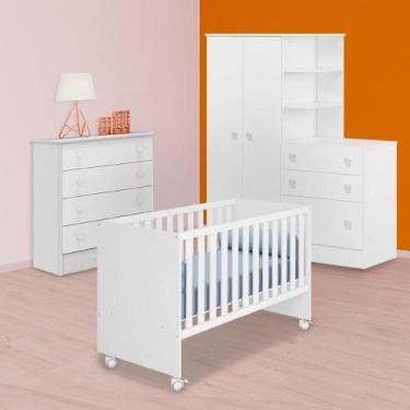 Imagem de Berço Retro, Guarda Roupa C/ Cômoda e Cômoda 4G Branco - Qmovi