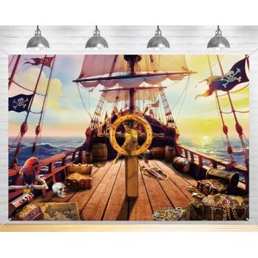 Imagem de Decorações de festa de pirata de Halloween 2,1 x 1,5 m grande cenário tema de navio pirata leme de madeira mapa do tesouro banner caixa de joias barril papagaio crânio fundo oceano náutico decoração