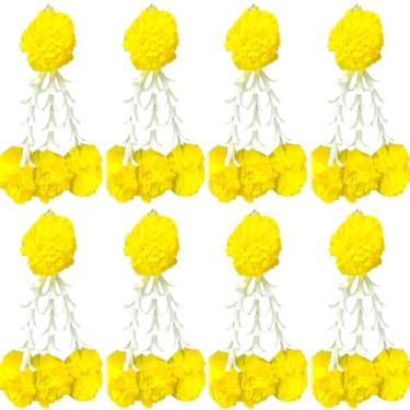 Imagem de zig zag Pacote com 10 cordões de flores artificiais latkan com borlas de calêndula para decoração de Diwali, Natal, decoração de casa, Eid, casamento e festival (15 cm, amarelo)