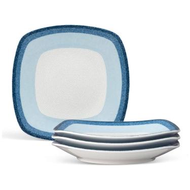 Imagem de Conjunto de Pratos para Salada e Sobremesa com 4 Peças, Formato Quadrado e Material de Porcelana, Noritake G020-588D, Branco e Azul