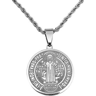 Imagem de Colar Masculino Medalha São Bento 60cm Corrente Baiana 4mm Aço Inoxidável 316L Le Essence Masculine Pingente Dupla Face Católica Cristã Fé Proteção