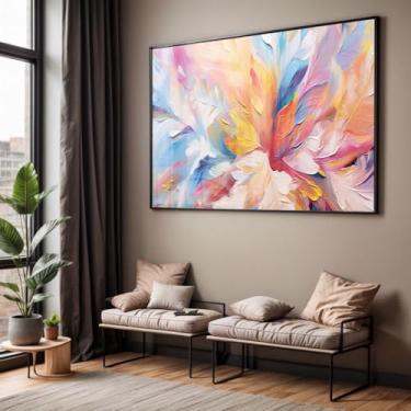 Imagem de Quadro com Moldura e Acrilico Cristal Vidro Sala Quarto Abstrato Colorido Cores Claras Decorativo Horizontal Grande Hall