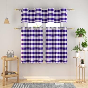 Imagem de Conjunto de 3 peças de cortinas e sanefas Buffalo Check Kitchen Tiers xadrez guingão top clássico curto pequeno café cortinas country fazenda café banheiro 137.2 cm x 45.7 cm/81.3 cm x 76.2 cm roxo e