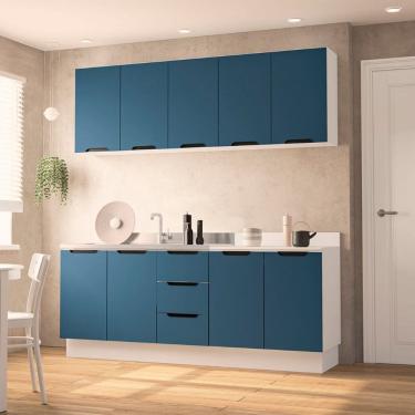 Imagem de Cozinha Compacta 250059 4 Peças Meena Com Rodapé Branco Azul Politorno Móveis