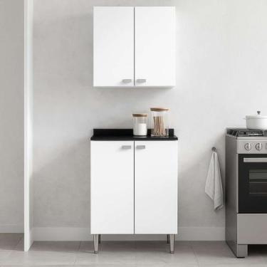 Imagem de Kit Armário Aéreo + Gabinete Compacto Suspenso Com Puxador Cor Branco 