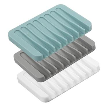 Imagem de Pacote com 3 tapetes de silicone para sabão - saboneteiras antiderrapantes para banheiro autodrenantes, para pia, chuveiro e bancada - branco, cinza, azul-petróleo