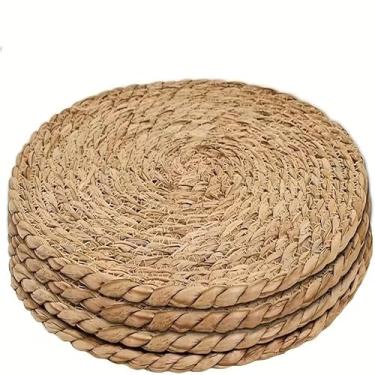 Imagem de Conjunto de 4 peças de jogo americano e porta-copos de vime de tecido natural - protetores de mesa rústicos feitos à mão para casa de fazenda