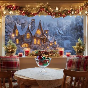 Imagem de HOMETITUTE Película de vitral para janela de neve, cena noturna de inverno, Natal, feriados, decorativos, adesivos de vidro de privacidade festivos para porta de casa 100 x 44 cm