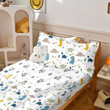 Imagem de Yadangxiawa Jogo de edredom infantil, solteiro com zíper, estampa de dinossauros, lençol com elástico e fronhas para todas as estações (dinossauros solteiro)