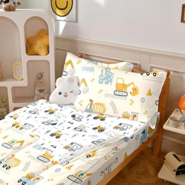 Imagem de Yadangxiawa Jogo de edredom infantil, solteiro com zíper, estampa de construção, trator e fronhas para todas as estações (caminhão)