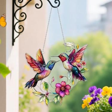 Imagem de Enfeite de janela de acrílico estilo vitral para pendurar pássaros, arte de apanhador de sol com flores para decoração de casa, exibição de parede e janela, pássaro duplo (20 cm)