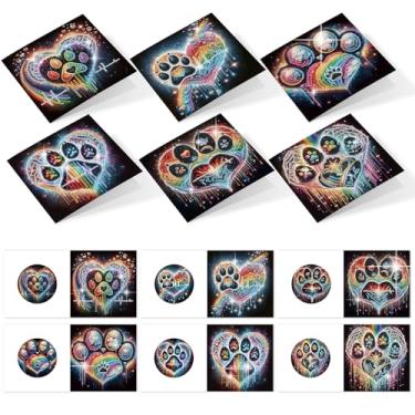 Imagem de Pacote com 6 cartões comemorativos de pintura de diamante com envelopes, kit de cartões de arte de diamante 5D DIY desenhos artísticos coloridos de patas, cartões de strass feitos à mão de 30 x 15 cm