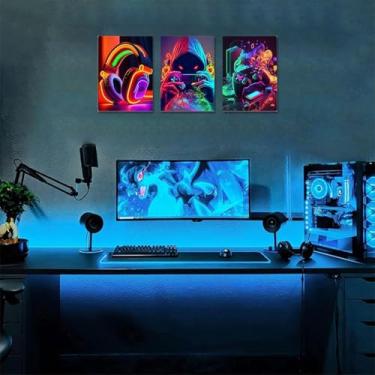 Imagem de Conjunto de 1 conjunto/3 peças de arte de parede para jogos, estilo neon, fones de ouvido vibrantes, controles de jogadores, impressões para sala de jogos, sala de estar, streamer, configuração, 20 x