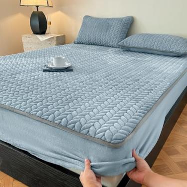 Imagem de Lençol de elástico macio e quente, protetor de colchão com bolso profundo espesso, elástico antiderrapante, aconchegante para todas as estações, roupa de cama de luxo para casal queen size, azul |||