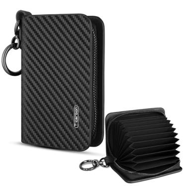 Imagem de T-carbon Porta-cartão de crédito com zíper, carteira com bloqueio de RFID para homens e mulheres, porta-cartões de visita de couro de fibra de carbono, 10 compartimentos para cartões, preto