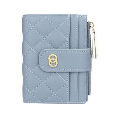 Imagem de Carteira feminina pequena RFID, carteira fina e compacta para cartão de crédito para mulheres, carteira dupla de couro PU com janela para identidade, Azul claro, Carteira feminina pequena RFID